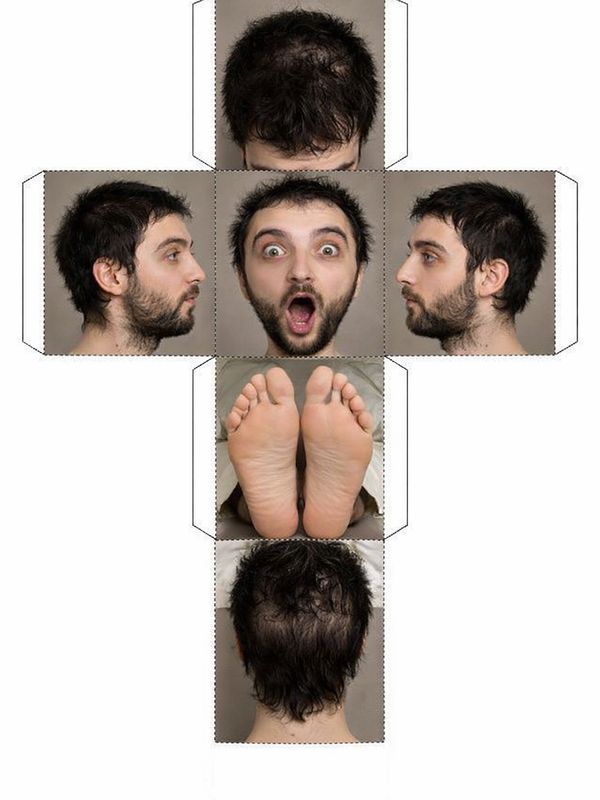 Развертка куба с фотографиями частей лица и ступней мужчины.
