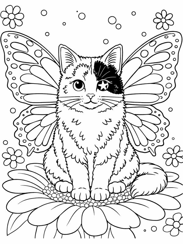 Милый котик с крыльями бабочки на цветке. Раскраска для детей.