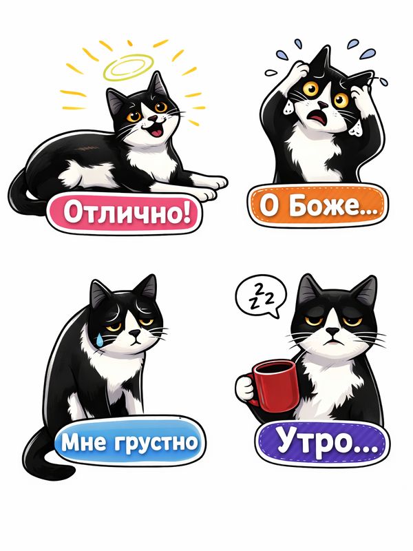 Набор стикеров с котами, выражающими разные эмоции: отлично, о боже, мне грустно, утро.