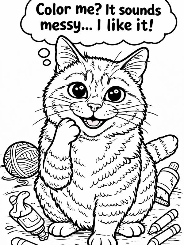 Милый котёнок любит рисовать и творить! Готов к раскрашиванию.