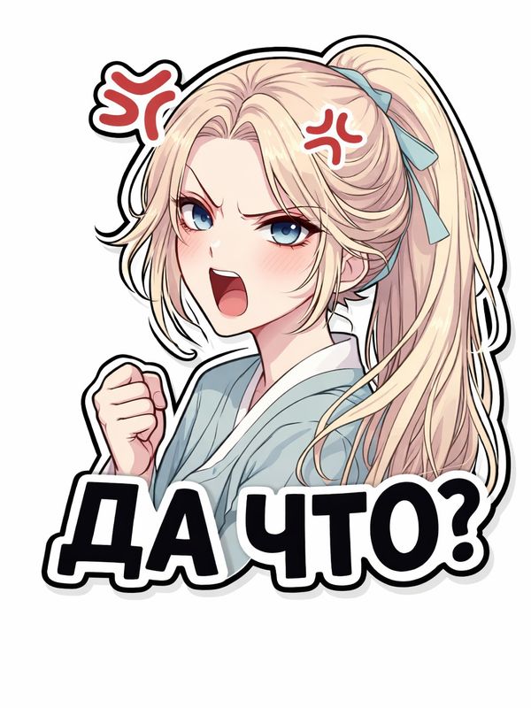 Аниме-стикер с персонажем, выражающим гнев, и надписью 'ДА ЧТО?'.