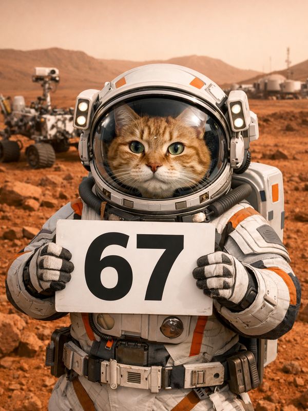 Кот-астронавт на Марсе с табличкой '67'.