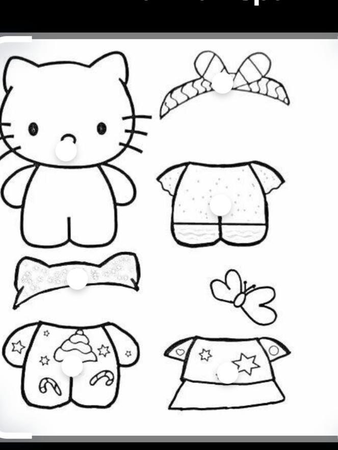 Раскраска с персонажем Hello Kitty и нарядами для нее.