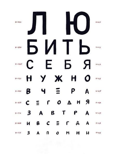 Таблица для проверки зрения с мотивирующей надписью: «Любить себя нужно вчера, сегодня, завтра. И всегда запомни»