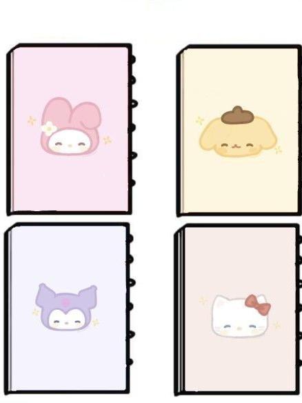 Милые обложки для блокнотов с персонажами Sanrio: My Melody, Pompompurin, Kuromi и Hello Kitty.