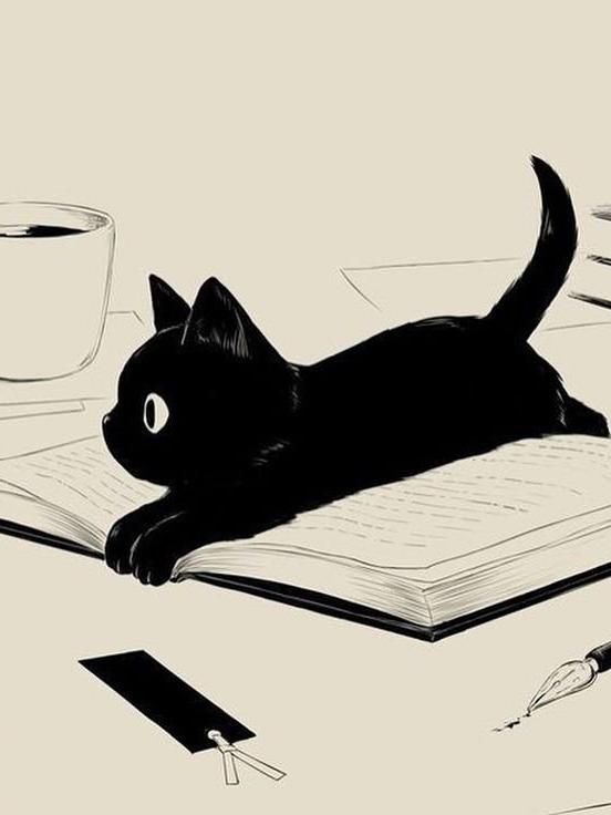 Черный кот отдыхает на книге, рядом чашка кофе и перо.