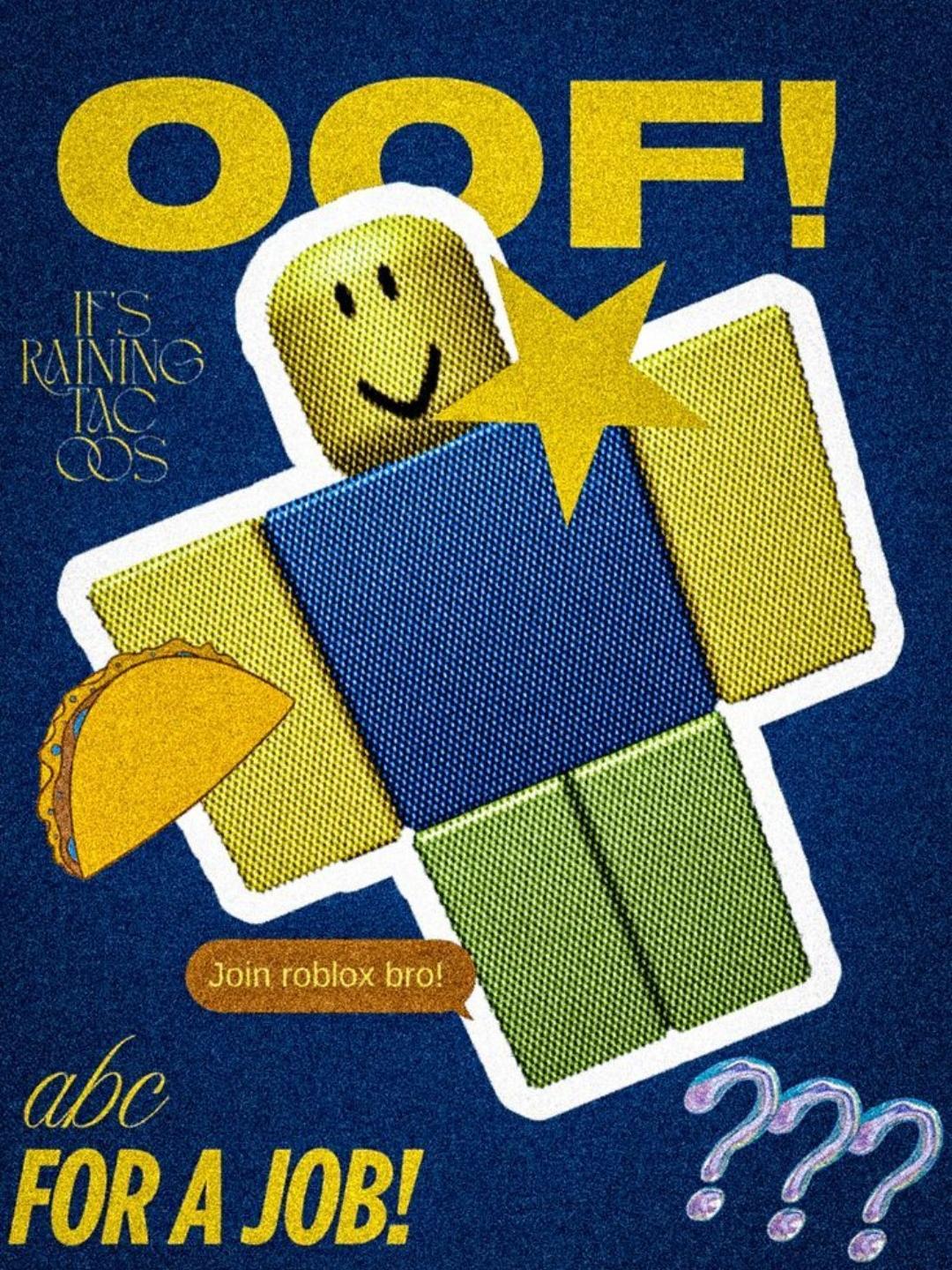 Персонаж из игры Roblox с надписью "OOF!" и приглашением "Join roblox bro!".