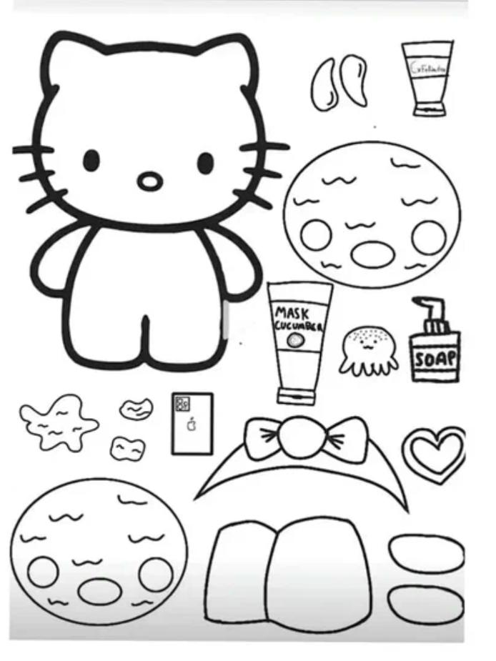 Милый контурный рисунок Hello Kitty с элементами для ухода за собой: маска для лица, мыло, крем, а также другие милые детали.