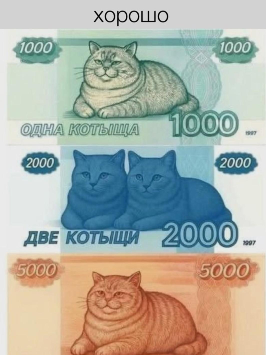 Забавный мем с котами, стилизованными под российские банкноты.