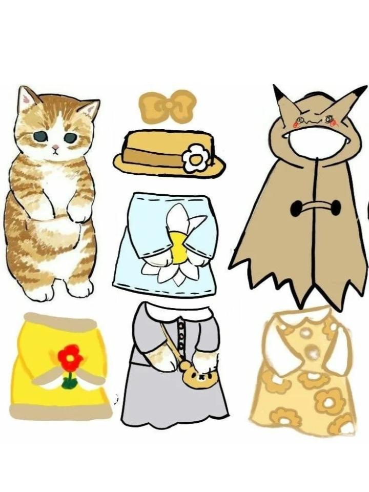 Милый котенок и наряды для него, включая костюм Пикачу.