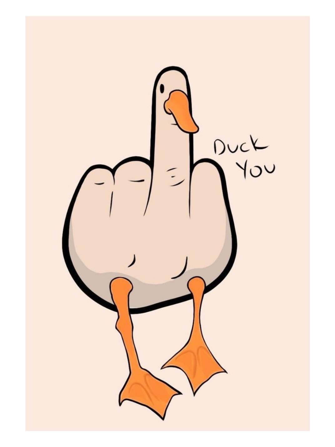 Иллюстрация с уткой, показывающей средний палец, с надписью "Duck You".
