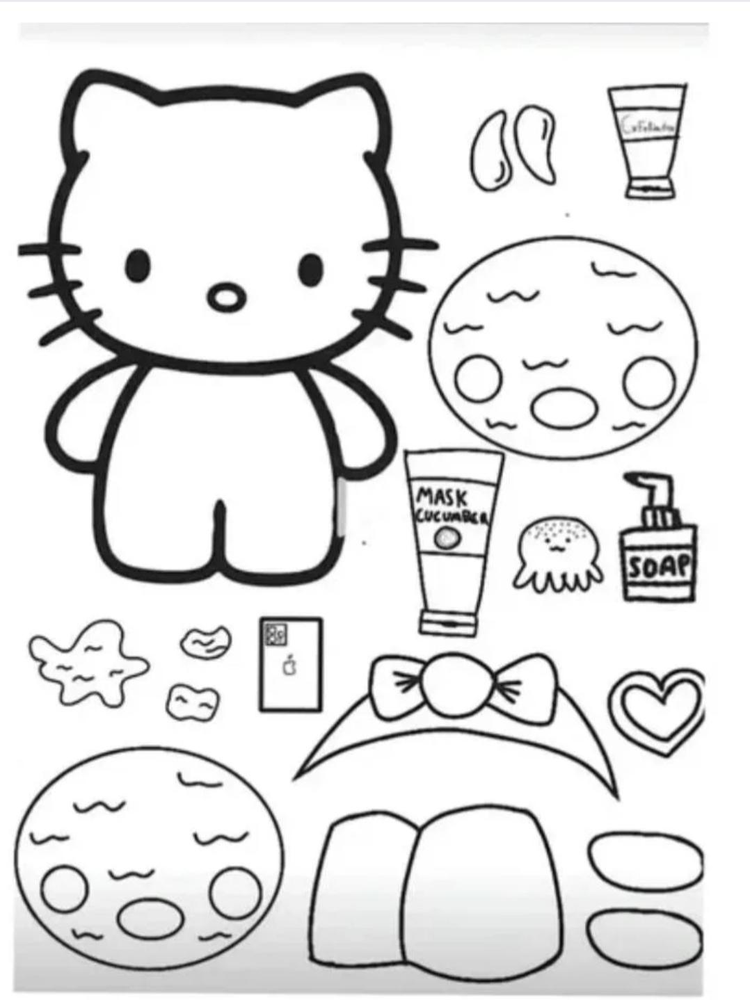 Милый рисунок Hello Kitty с косметикой и аксессуарами для раскрашивания.