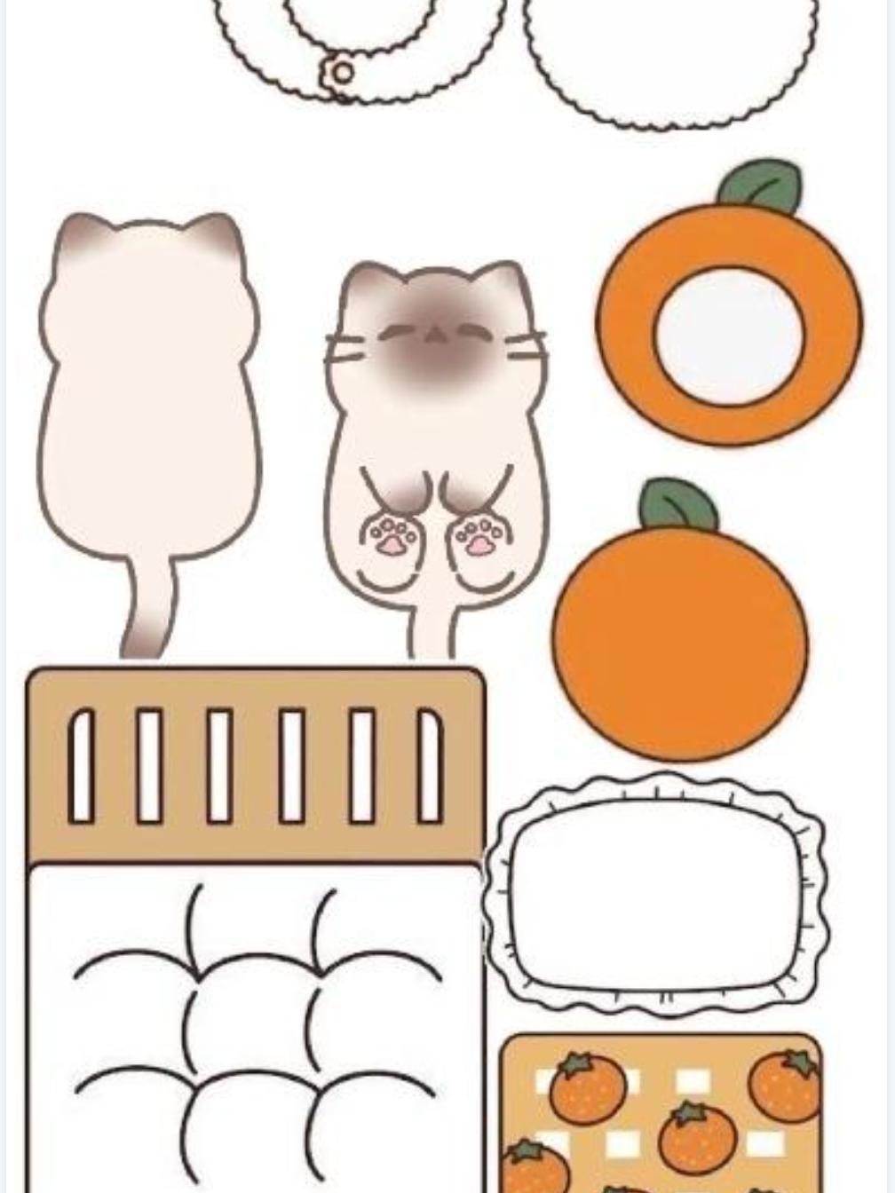 Милые котики и апельсинки в стиле kawaii. Набор стикеров для творчества.