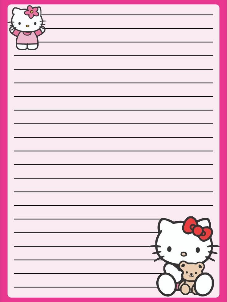 Печать на розовой бумаге с милой Hello Kitty и её другом мишкой. Идеально для заметок и писем!
