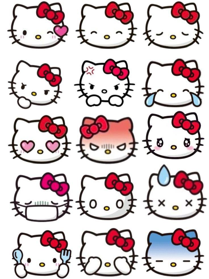 Коллаж из 12 эмоций Hello Kitty: от радости и умиления до злости и грусти.