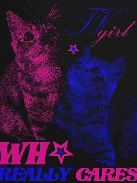 Арт с двумя котами и надписями 'TV girl' и 'WH REALLY CARES'.