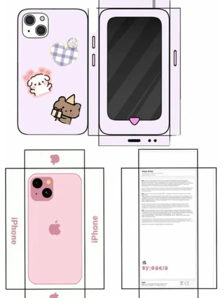 Бумажная модель телефона iPhone с милыми стикерами и его упаковка. Дизайн для творчества и сборки.
